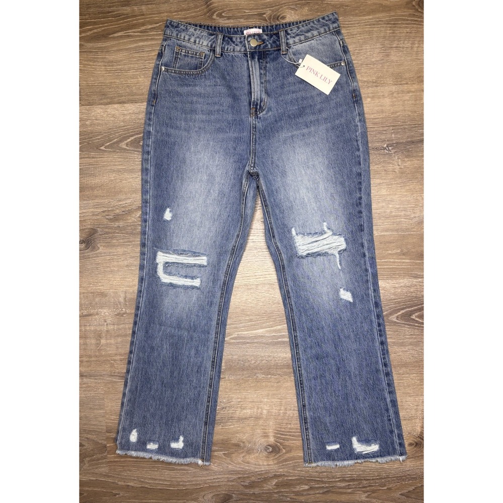 Pink Lily Distressed Straight Leg Jeans Medium Wash Raw Hem Size 29 NWT Cotton